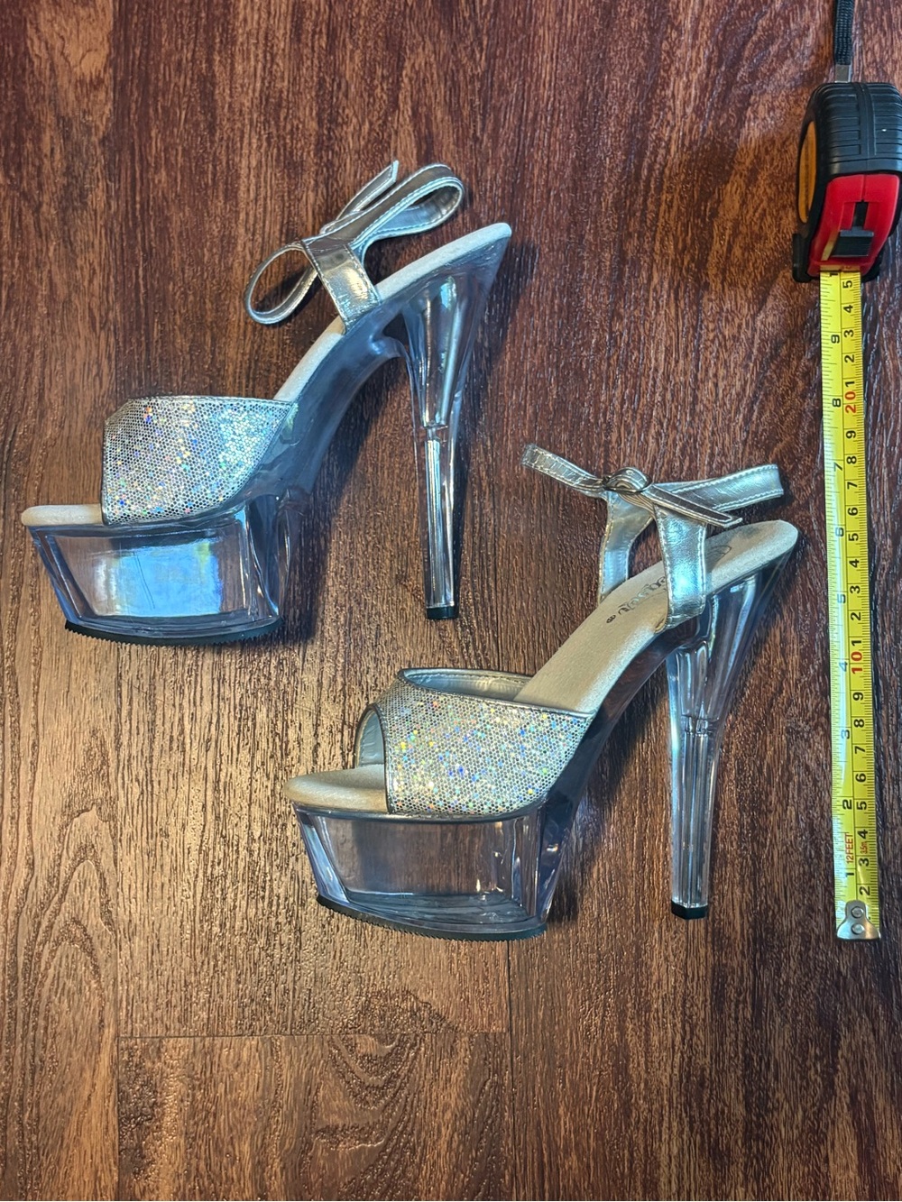 Pleasers Silver 6” Platform Stiletto Sandals with Sparkle Upper